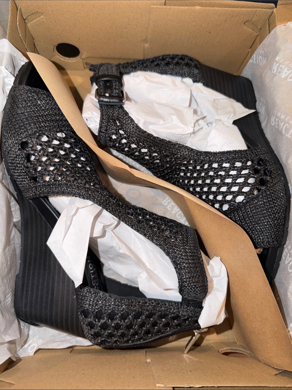 Reaction Kenneth Cole Black Woven Open-Toe Ankle-Strap Wedge Sandals